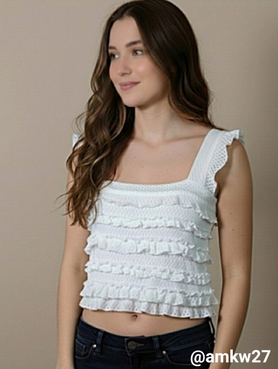 Zara Tops - NWT Zara Cotton White Knit Ruffled Crop Top w/ Ruffle Straps Size Large